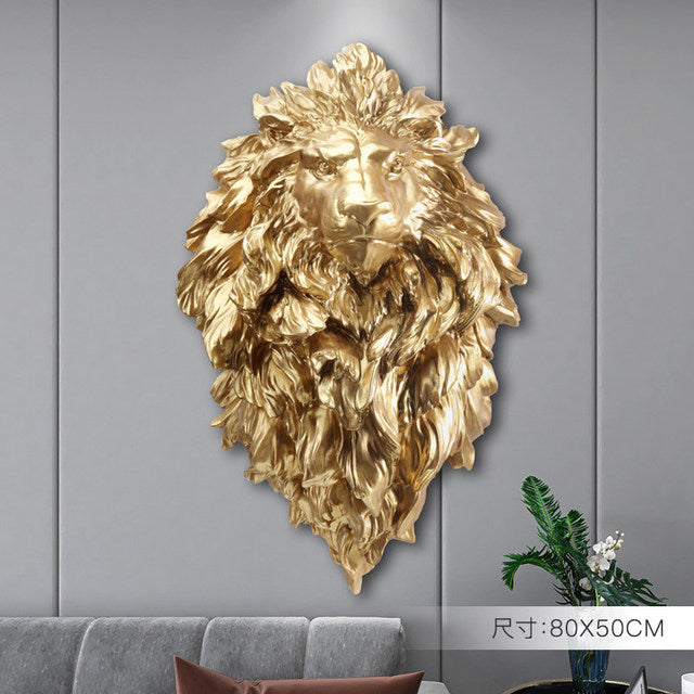 Lion head sculpture hung in a stylish living room, adding elegance to the decor.