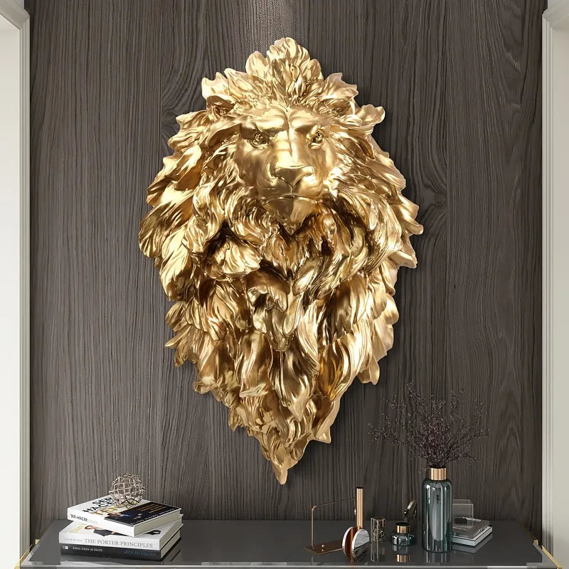 Side angle of the lion head wall decor highlighting its majestic presence on the wall.