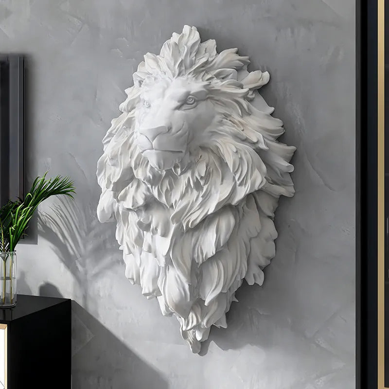 Close-up view of the luxury lion head wall decor showcasing intricate resin details.