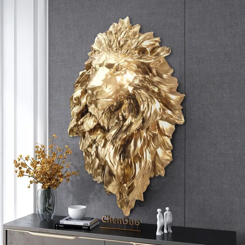 Lion head sculpture hung in a stylish living room, adding elegance to the decor.