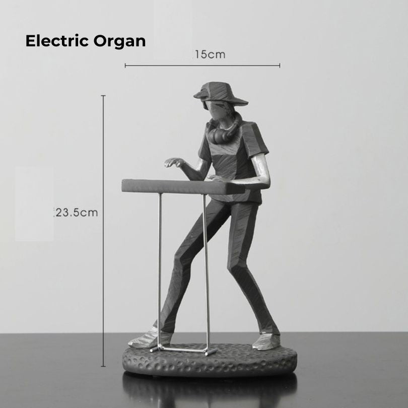Decorative rock band figurine placed on a bookshelf, enhancing home decor.