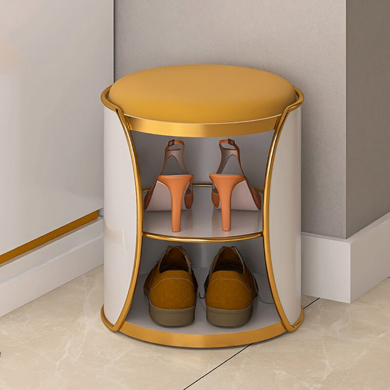 View of the ottoman in use, providing a seat while organizing shoes