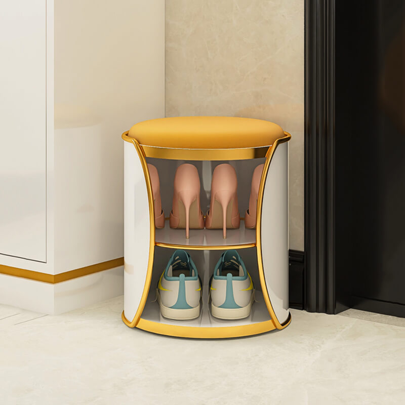 Stylish modern ottoman for shoe storage in a chic entryway
