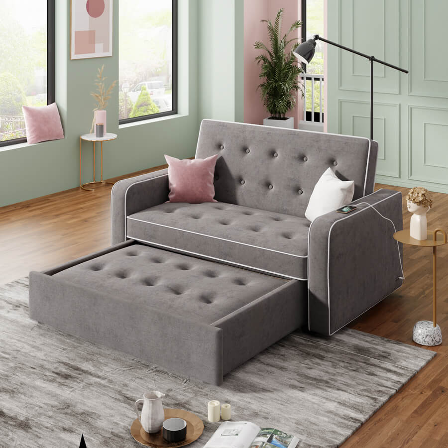 Gray fabric sleeper sofa with USB ports, side view showcasing the pull-out bed.