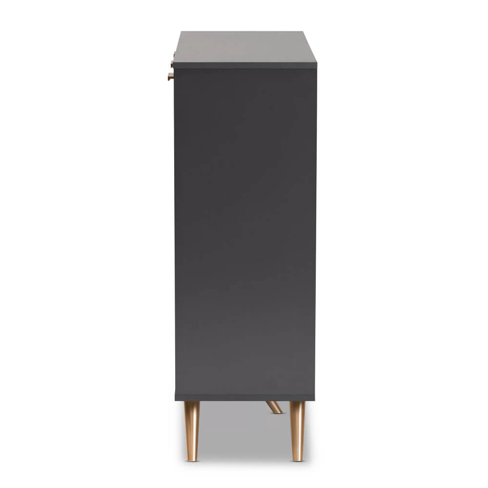 Side angle of the modern shoe cabinet with doors, emphasizing its sturdy construction and stylish legs.