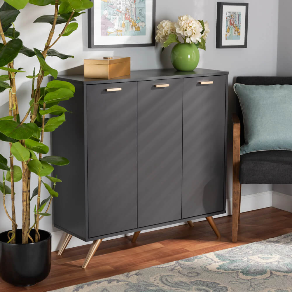 Front view of sleek dark gray shoe cabinet with gold accents, showcasing its modern design.