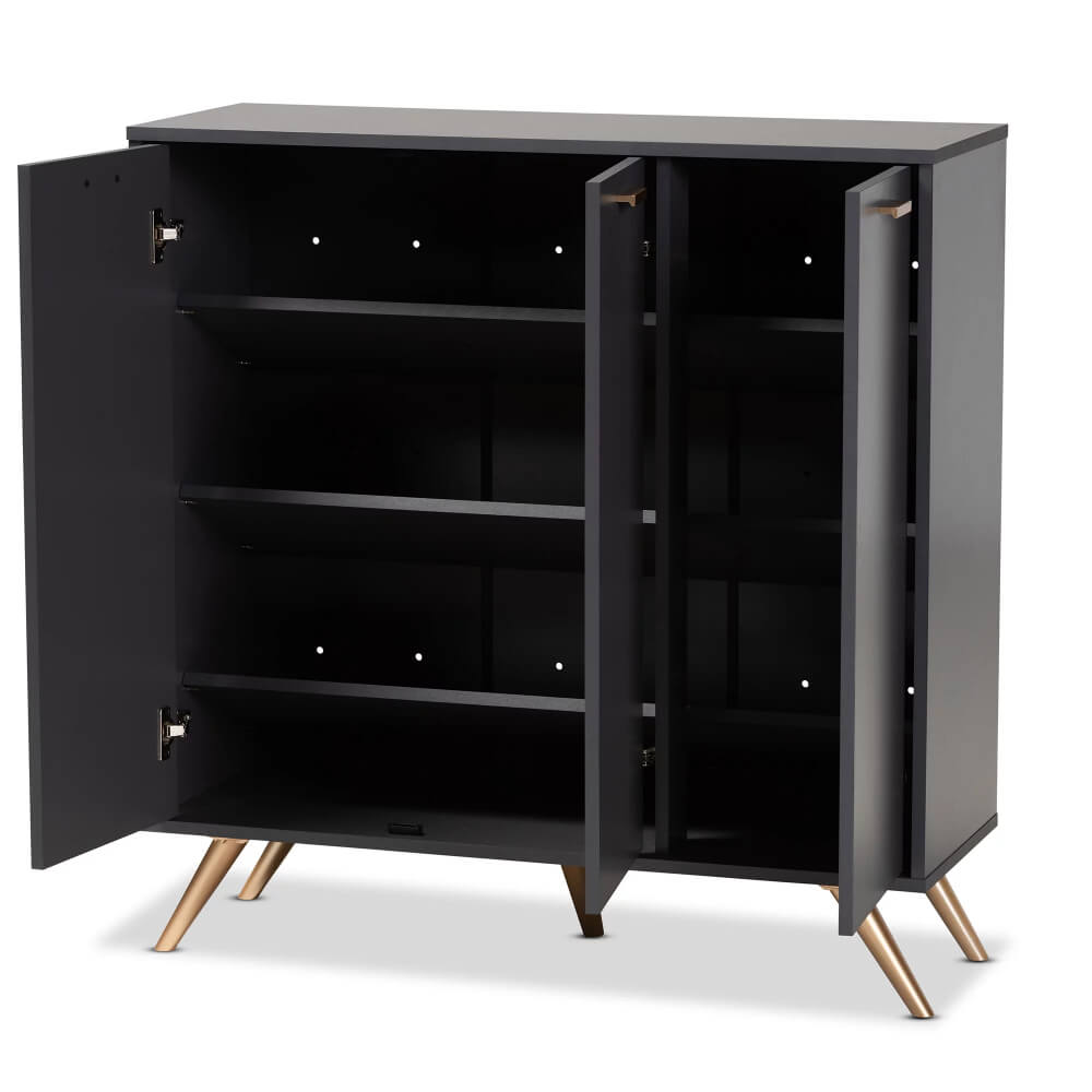 Side angle of the modern shoe cabinet with doors, emphasizing its sturdy construction and stylish legs.