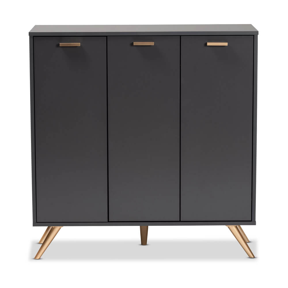 Front view of sleek dark gray shoe cabinet with gold accents, showcasing its modern design.