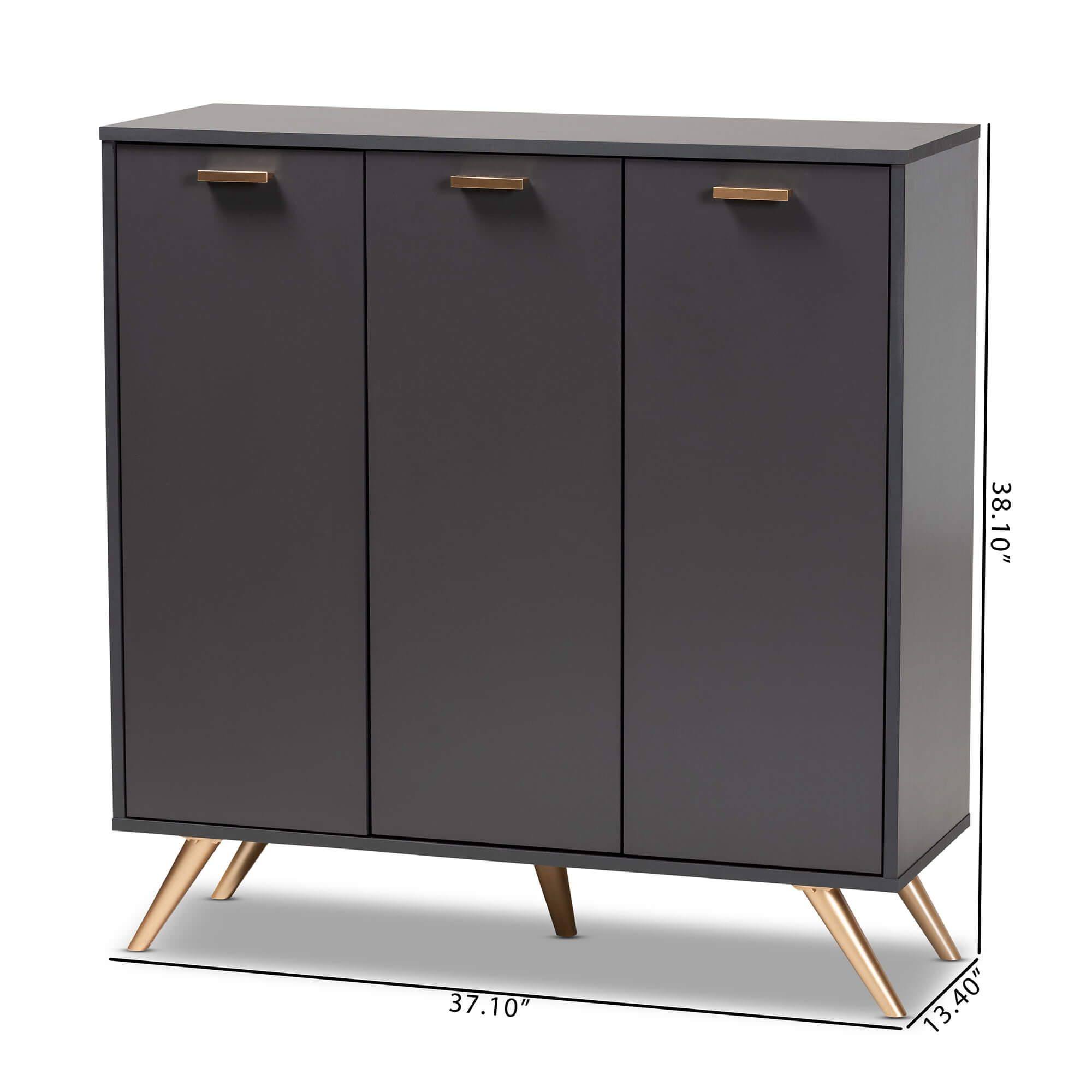 Front view of sleek dark gray shoe cabinet with gold accents, showcasing its modern design.