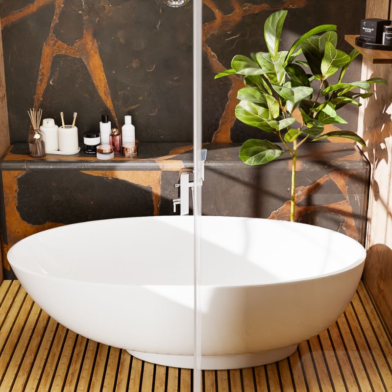 Top-down view of the oval freestanding stone resin bathtub accentuating its modern design.