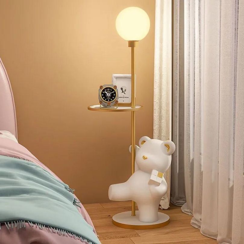 Living room setting featuring the resin bear lamp sculpture