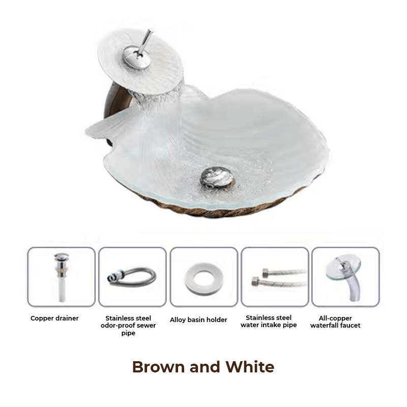 Side view of the shell-shaped decorative sink highlighting its color options and included accessories.