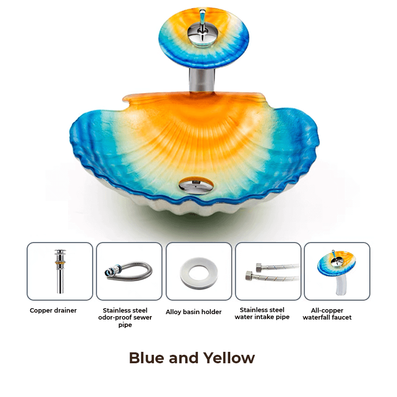 Side view of the shell-shaped decorative sink highlighting its color options and included accessories.