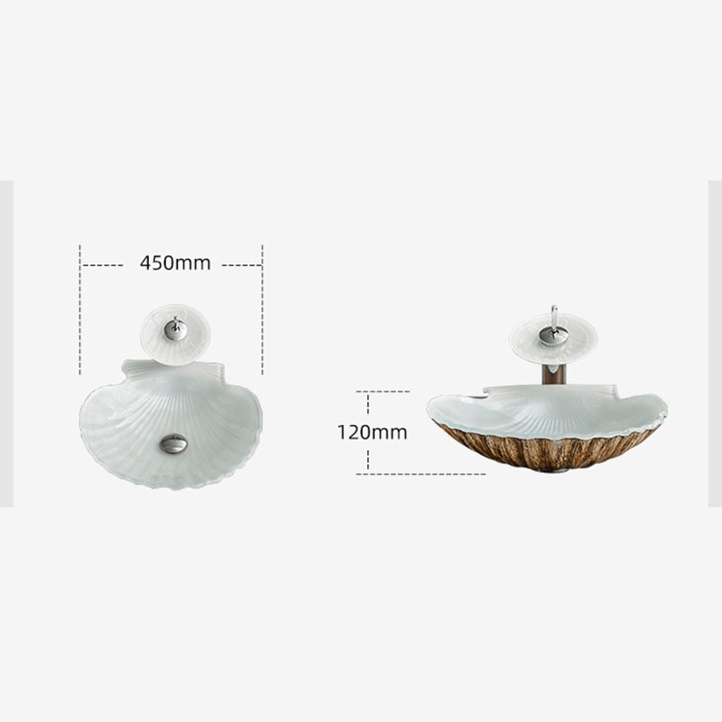 Elegant scallop-shaped sink in a modern bathroom setting, showcasing its unique design.