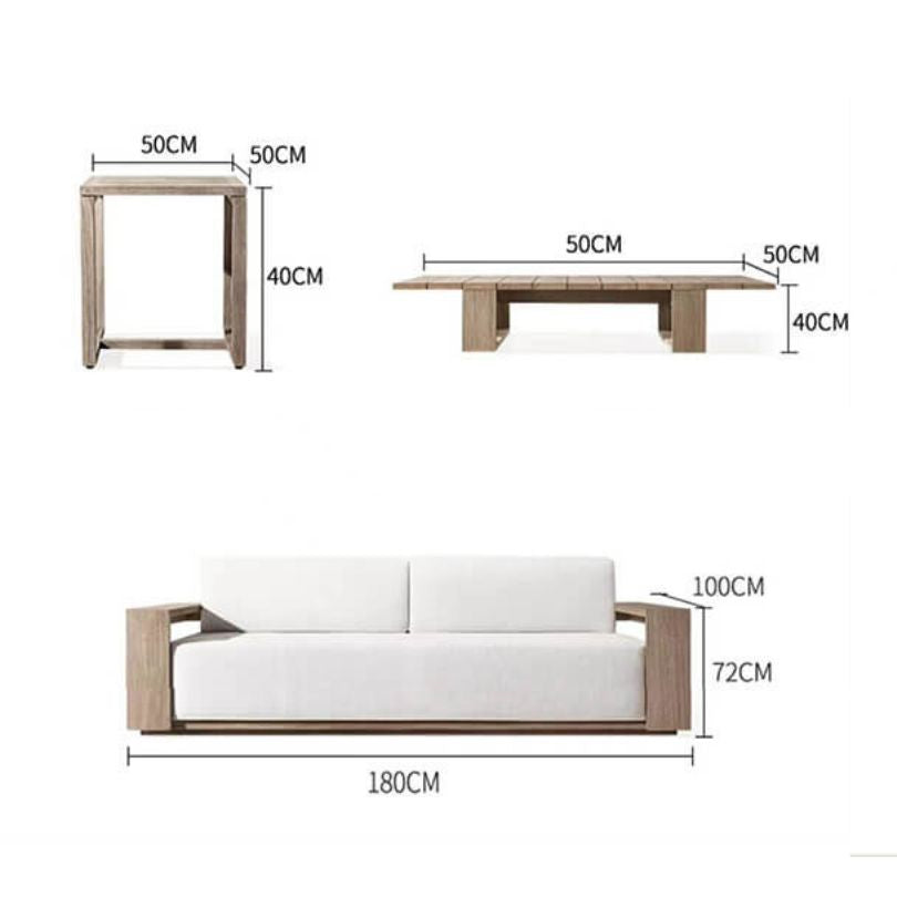 Angled view of Nordic teak wood furniture set styled on patio with soft cushions