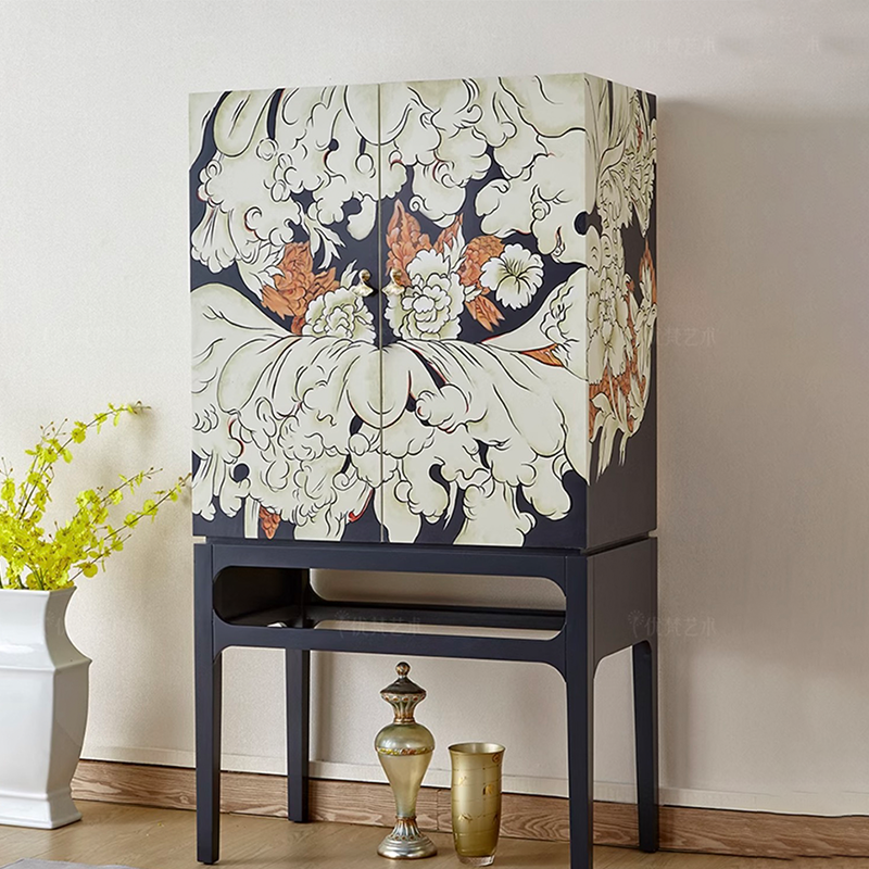Doha elegant wooden storage cabinet showcasing intricate carvings and sleek silhouette from a side angle.