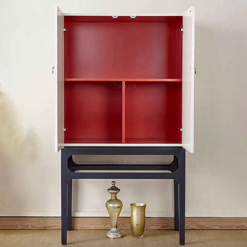 Doha elegant wooden storage cabinet showcasing intricate carvings and sleek silhouette from a side angle.