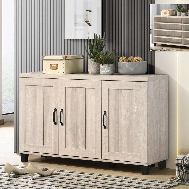 Front view of rustic modern shoe cabinet in dusty gray oak with shoes inside.