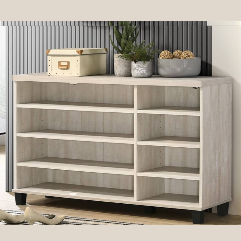 Side view showcasing the tapered metal feet of the shoe cabinet.