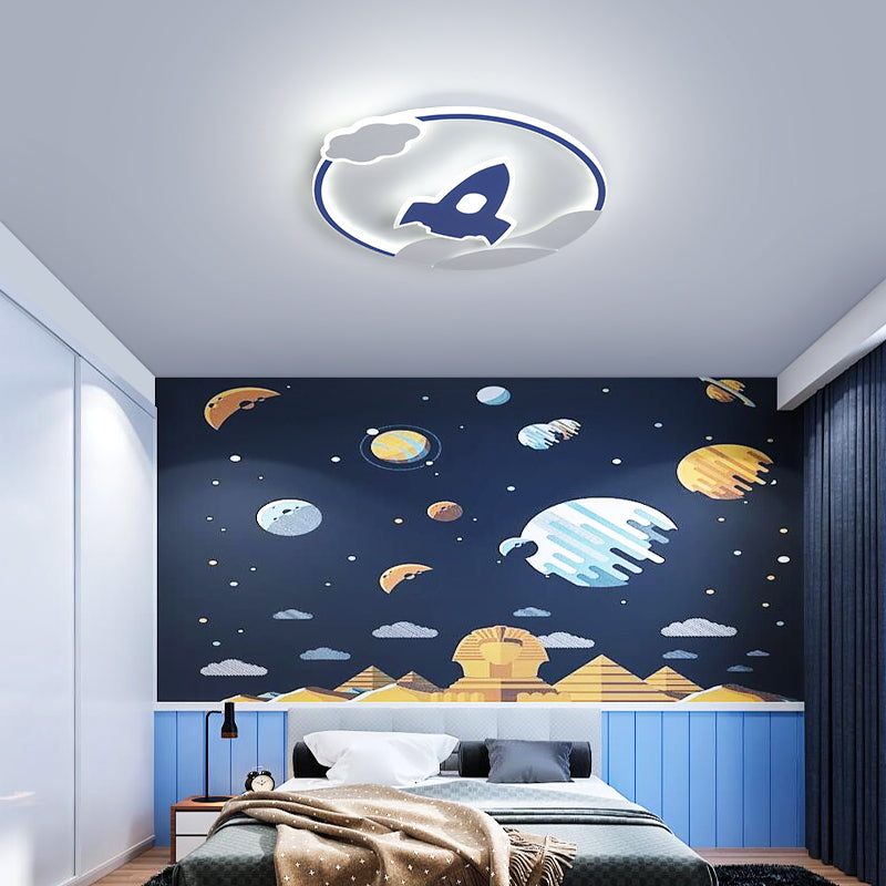 Galaxy Explorer Blue Flush Mount Light installed in a nursery, adding a whimsical touch.