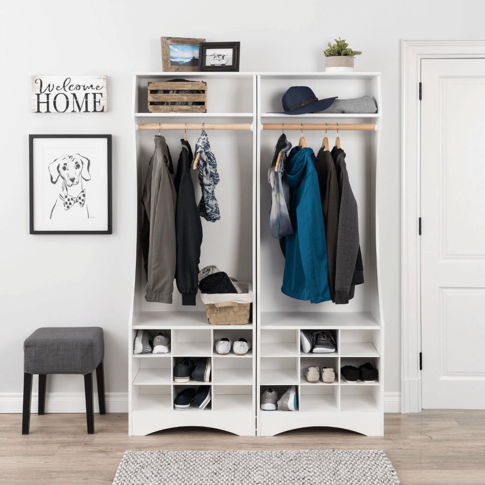 Interior view of modern wardrobe with shoes stored in cubbies