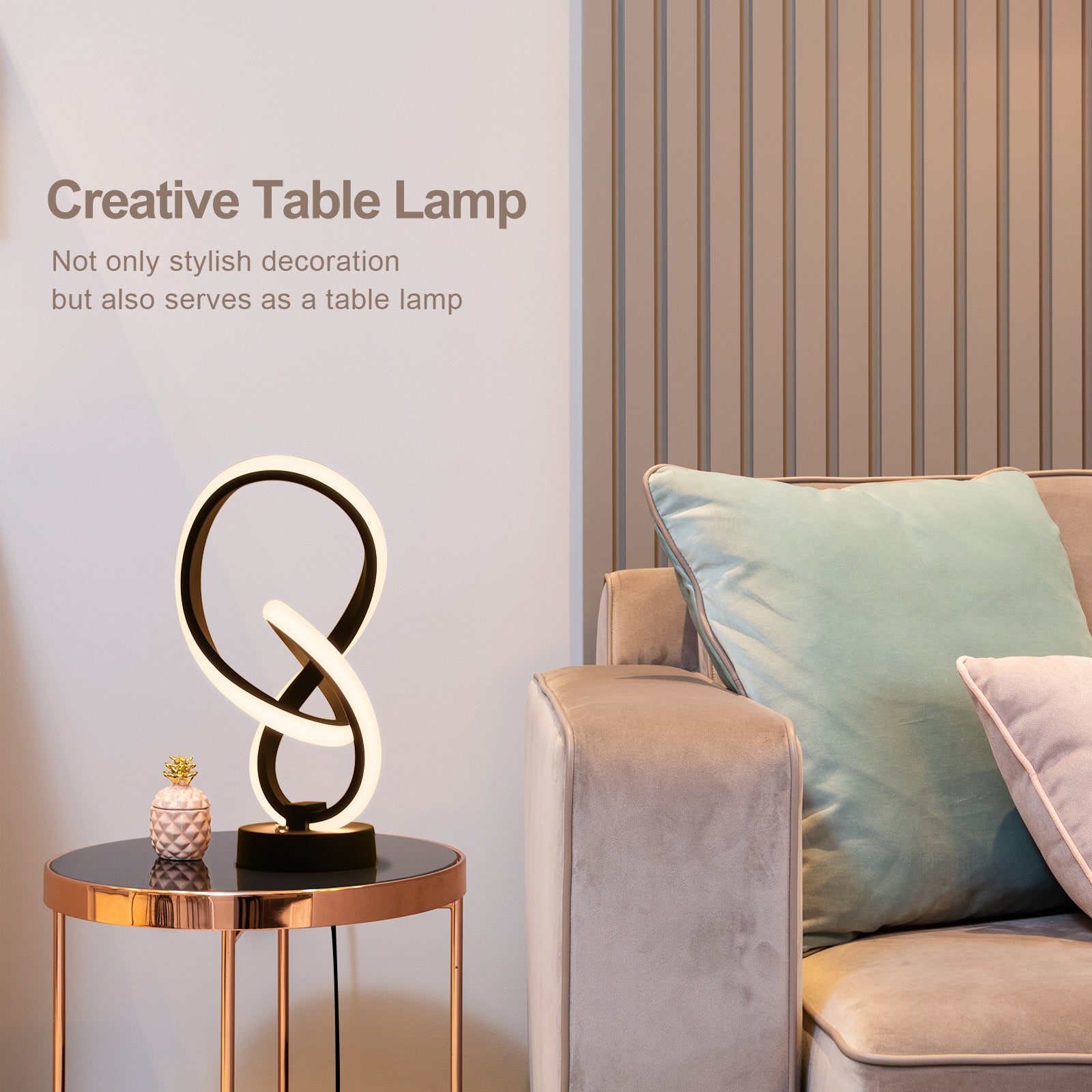 LED table lamp illuminating a stylish bedroom with a warm white glow