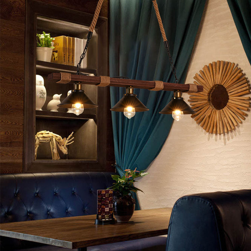 Close-up of rustic industrial hemp rope pendant light showcasing wooden and metal details.