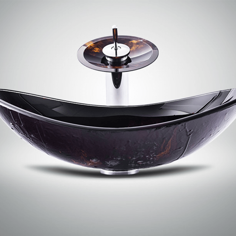 Close-up of the lustrous surface of the tempered glass vessel sink showcasing its craftsmanship.