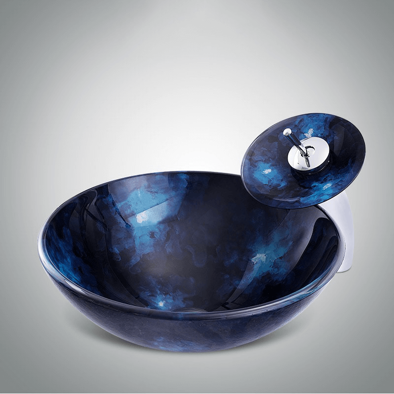 Sky Blue Artisan Tempered Glass Vessel Sink from the front view highlighting its nebula pattern.