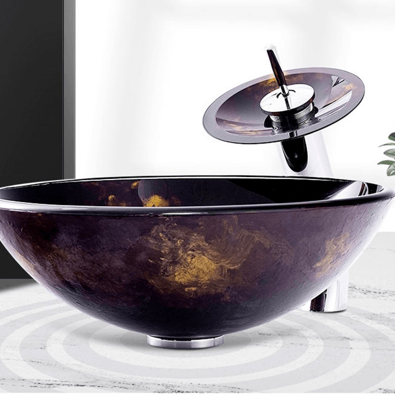 Sky Blue Artisan Tempered Glass Vessel Sink from the front view highlighting its nebula pattern.