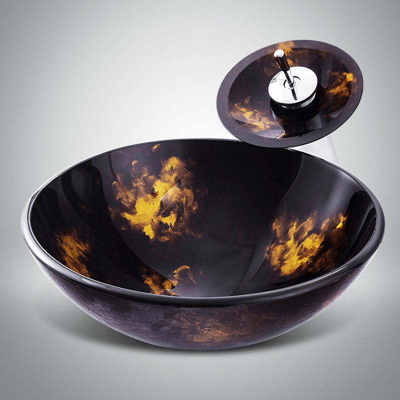 Close-up of the lustrous surface of the tempered glass vessel sink showcasing its craftsmanship.
