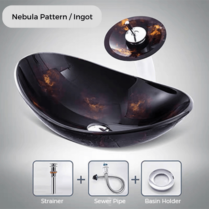 Sky Blue Artisan Tempered Glass Vessel Sink from the front view highlighting its nebula pattern.