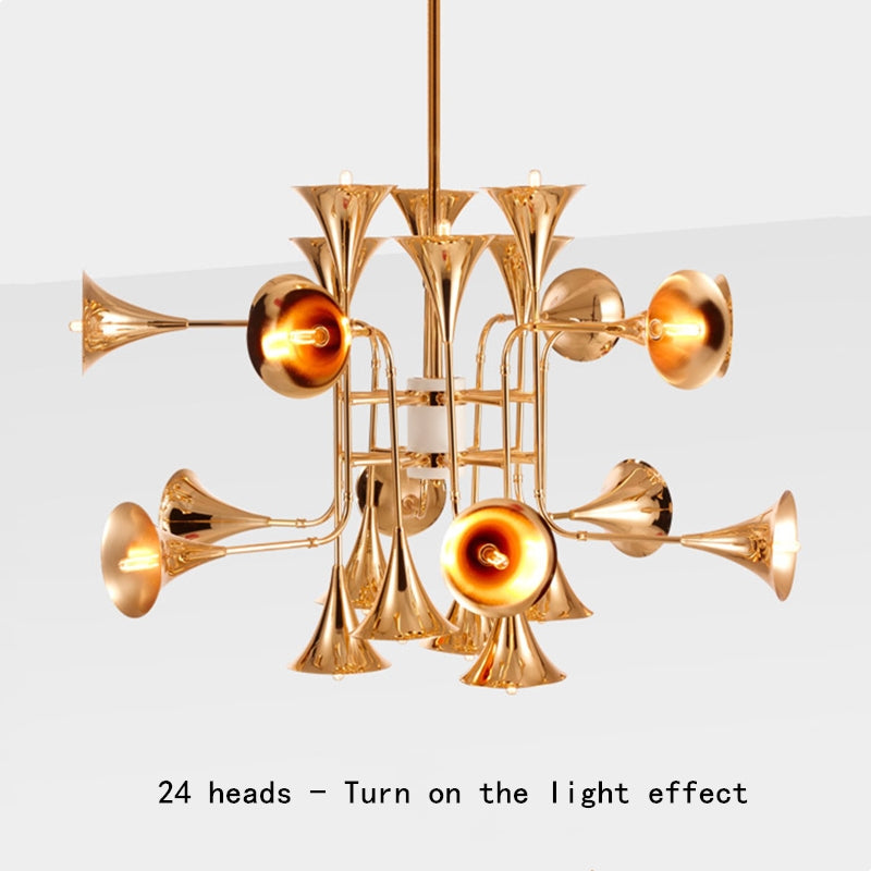 Side view of the Nordic Brass Horn LED Chandelier showcasing its unique horn-inspired design.