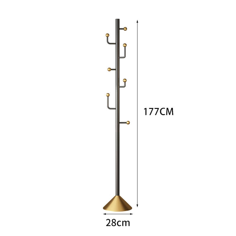 Close-up of the hooks on the metal coat rack, highlighting its sturdy construction.