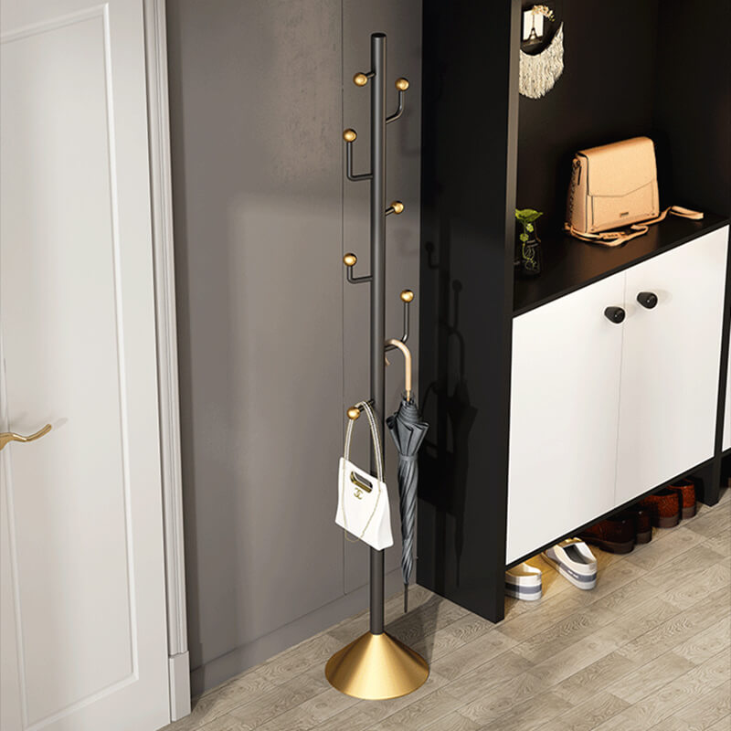 Close-up of the hooks on the metal coat rack, highlighting its sturdy construction.