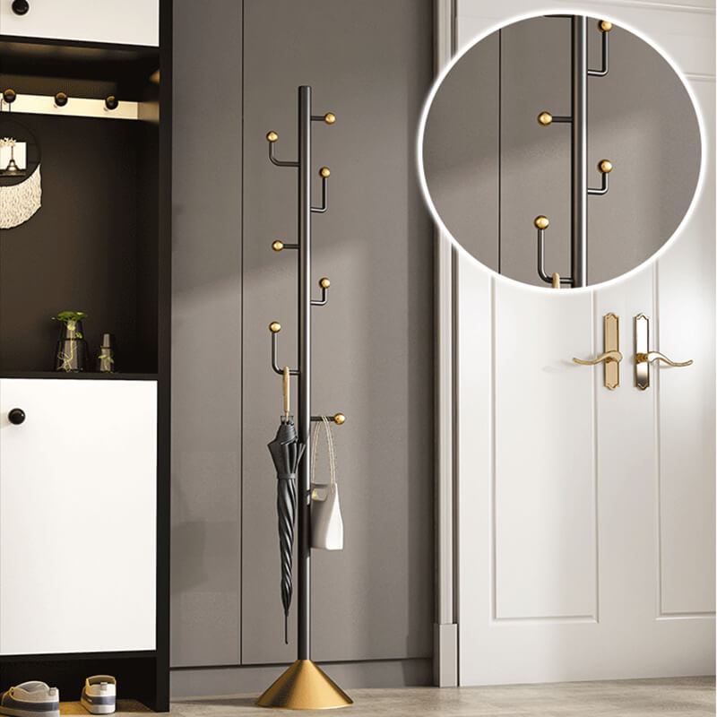 Front view of the modern metal coat rack with hooks, showcasing its sleek design.