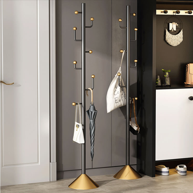 Front view of the modern metal coat rack with hooks, showcasing its sleek design.