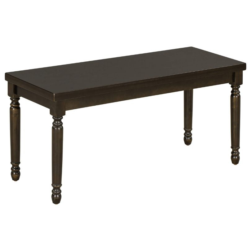 Espresso dining table set with bench and chairs in a rustic dining room