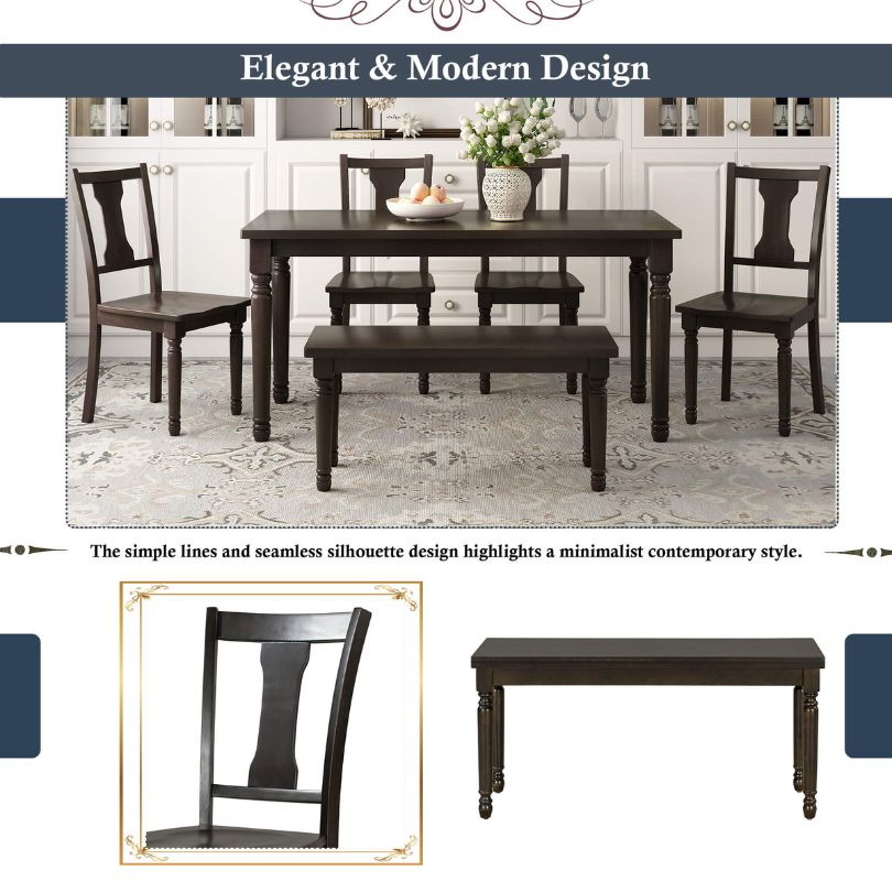 Espresso dining table set with bench and chairs in a rustic dining room