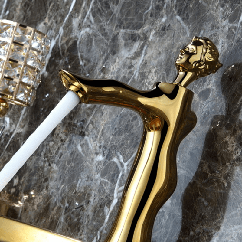Full view of the faucet installed in a stylish bathroom setting, accentuating its modern aesthetic.