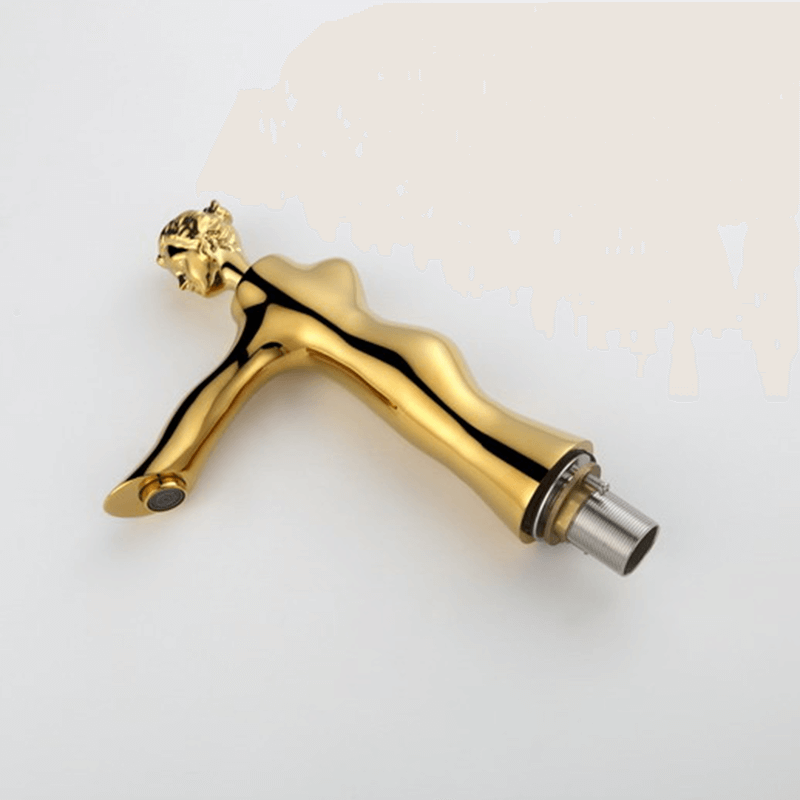 Elegant Goddess Gold Faucet from a side angle showcasing its unique figurine design.