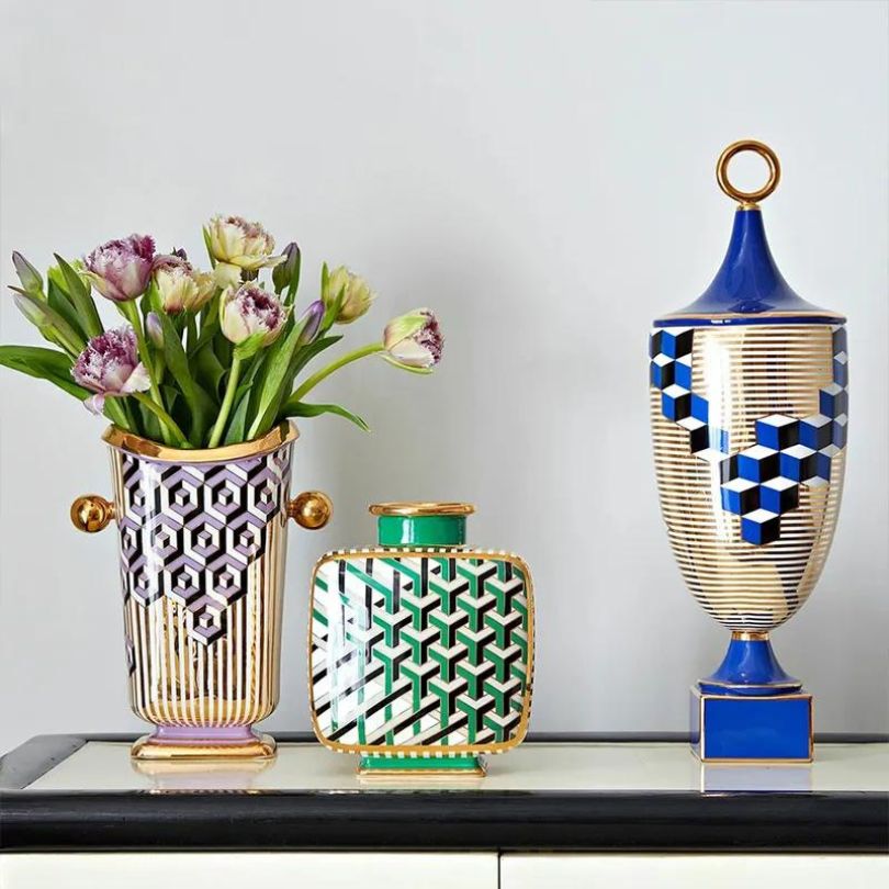 Versailles Luxury Ceramic Maze Vase styled on a dining table with fresh flowers.