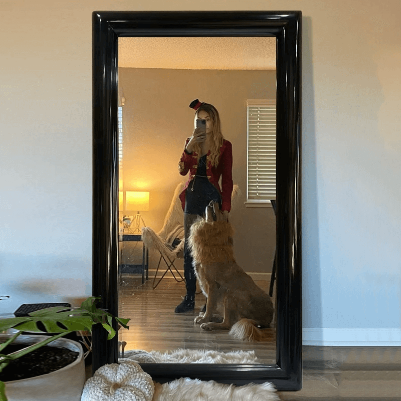 Elegant European style black frame floor mirror leaning against a wall showcasing its sleek design.