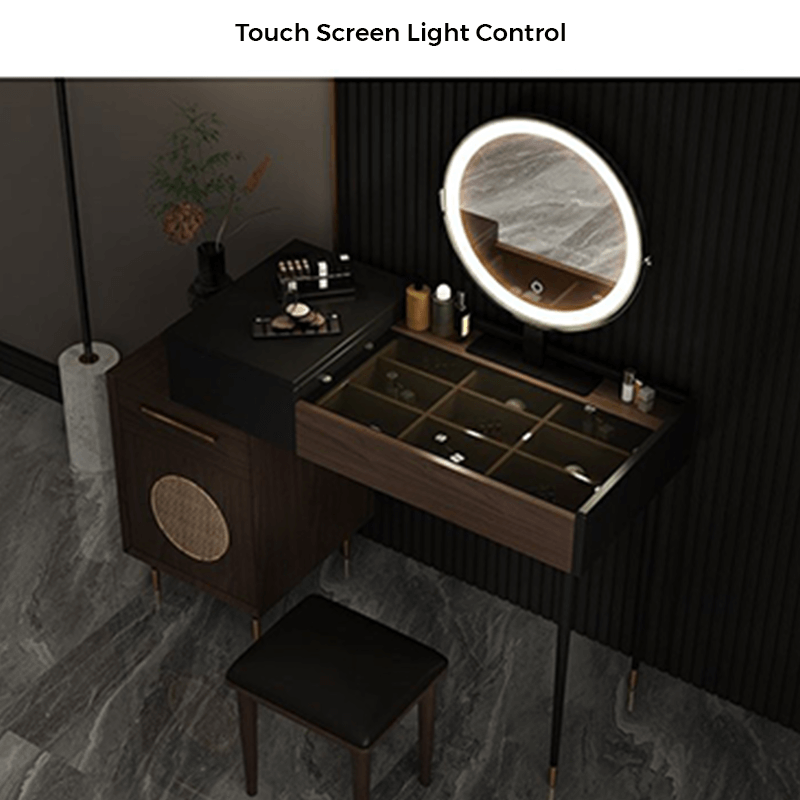 Side view of the Eva dressing table highlighting its LED mirror and drawer features.