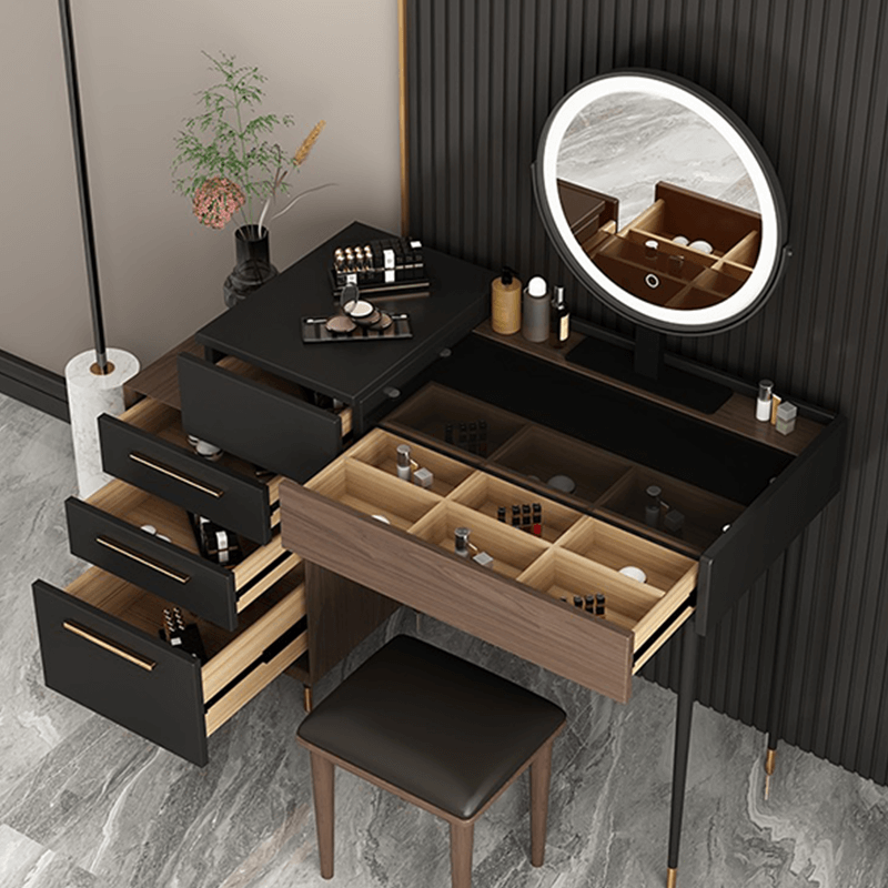 Side view of the Eva dressing table highlighting its LED mirror and drawer features.