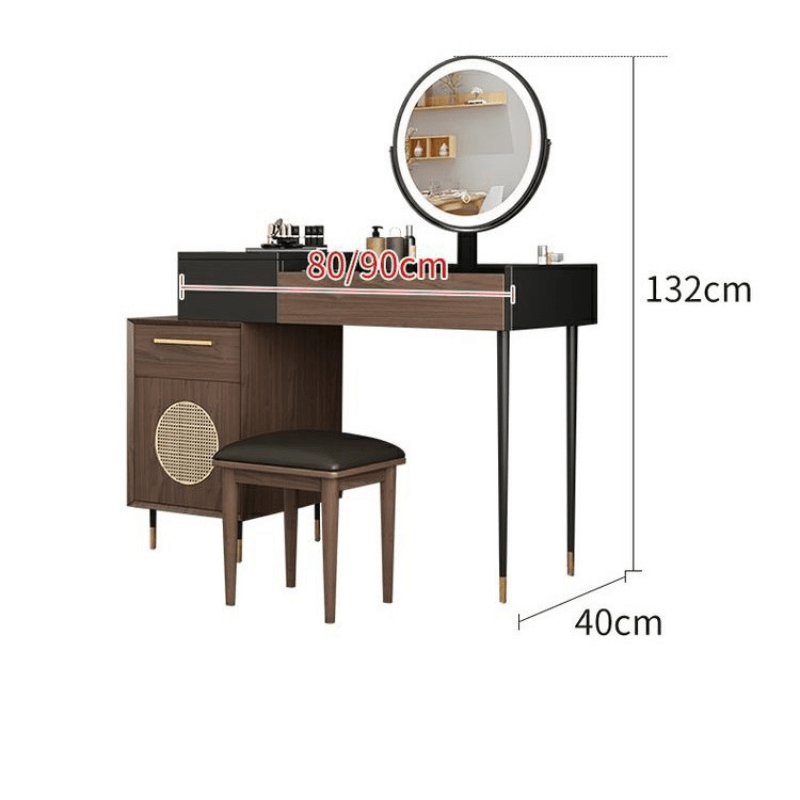 Close-up of the gold handle and grain finish on the Eva vanity table.
