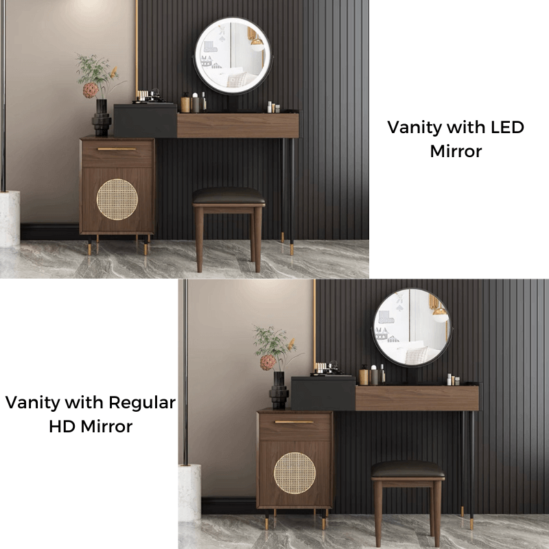 Side view of the Eva dressing table highlighting its LED mirror and drawer features.