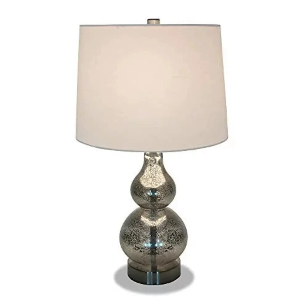 Elegant gourd-shaped metal table lamp featuring a glossy silver finish and fabric shade, ideal for bedside use.