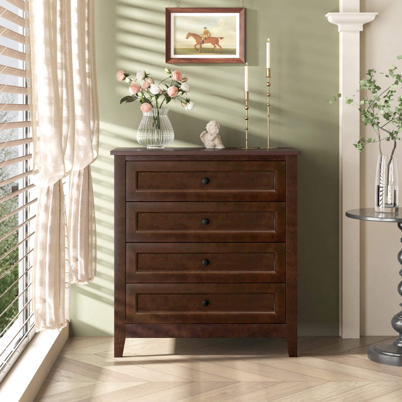 Front view of the rustic farmhouse dresser showcasing four drawers and round handles.