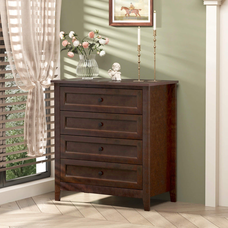 Side angle of the solid wood storage cabinet, highlighting its auburn finish and craftsmanship.